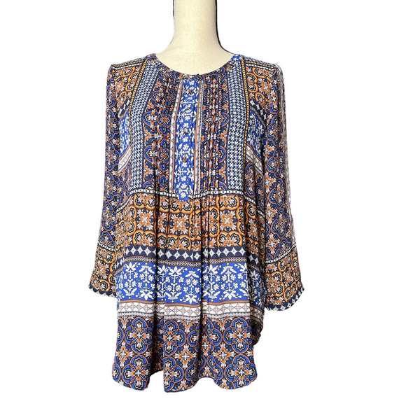 Daniel Rainn Tunic Blouse in Faux Multicolored Patchwork Boho Size Medium - Picture 1 of 6